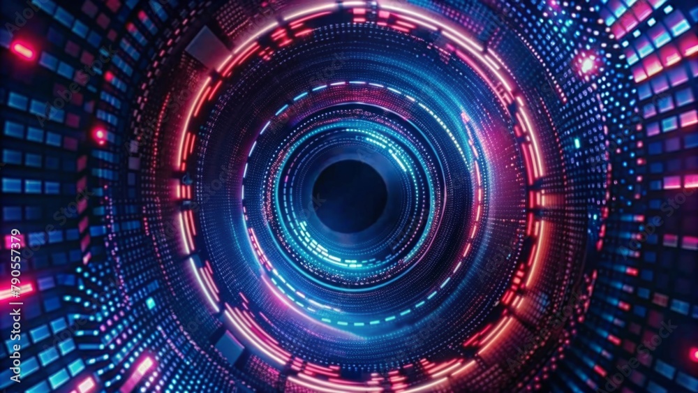 Obraz premium Abstract digital background with a futuristic glowing circular tunnel and binary code pattern