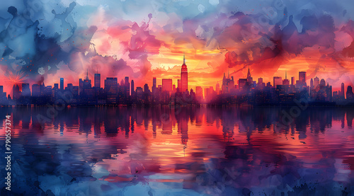 Sunset Serenade: Panoramic Watercolor Cityscape with AR Social Celebration