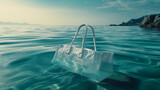 Designer tote bag drifting on calm ocean water at sunset