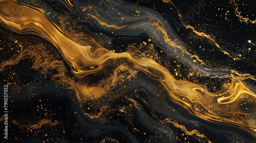 Luxurious abstract with fluid gold and deep black creating a night sky, dotted with stars, offering a modern take on celestial themes.