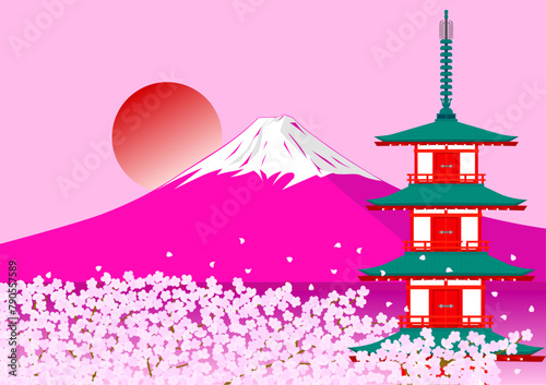富士山と桜と五重塔