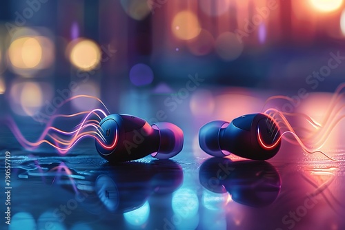 : A pair of wireless earbuds on a table, with sound waves emanating from them.