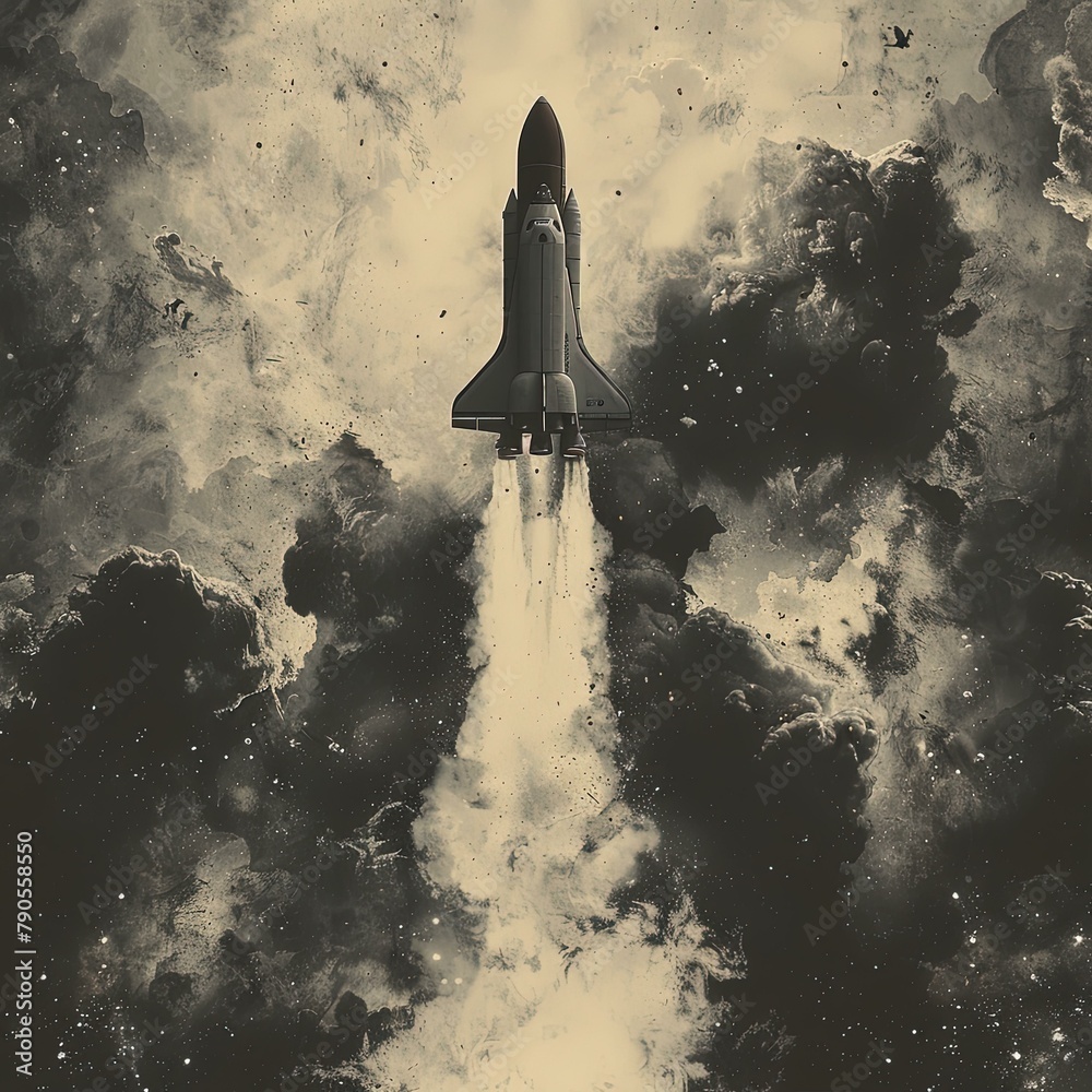 a black and white photo of a space shuttle taking off