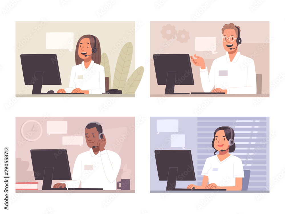 Call center. Hotline. Customer support staff with headsets, operators. Vector illustration Call center. Hotline. Customer support staff with headsets, operators. Vector illustration