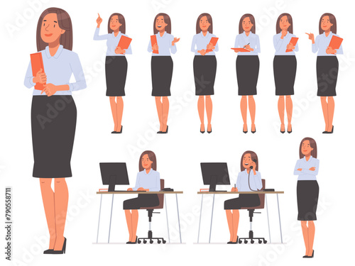 Set of female secretary character. Businesswoman in various actions and poses on a white background. Vector illustration