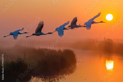 A serene scene of elegant white cranes flying in formation above tranquil wetlands shrouded photo