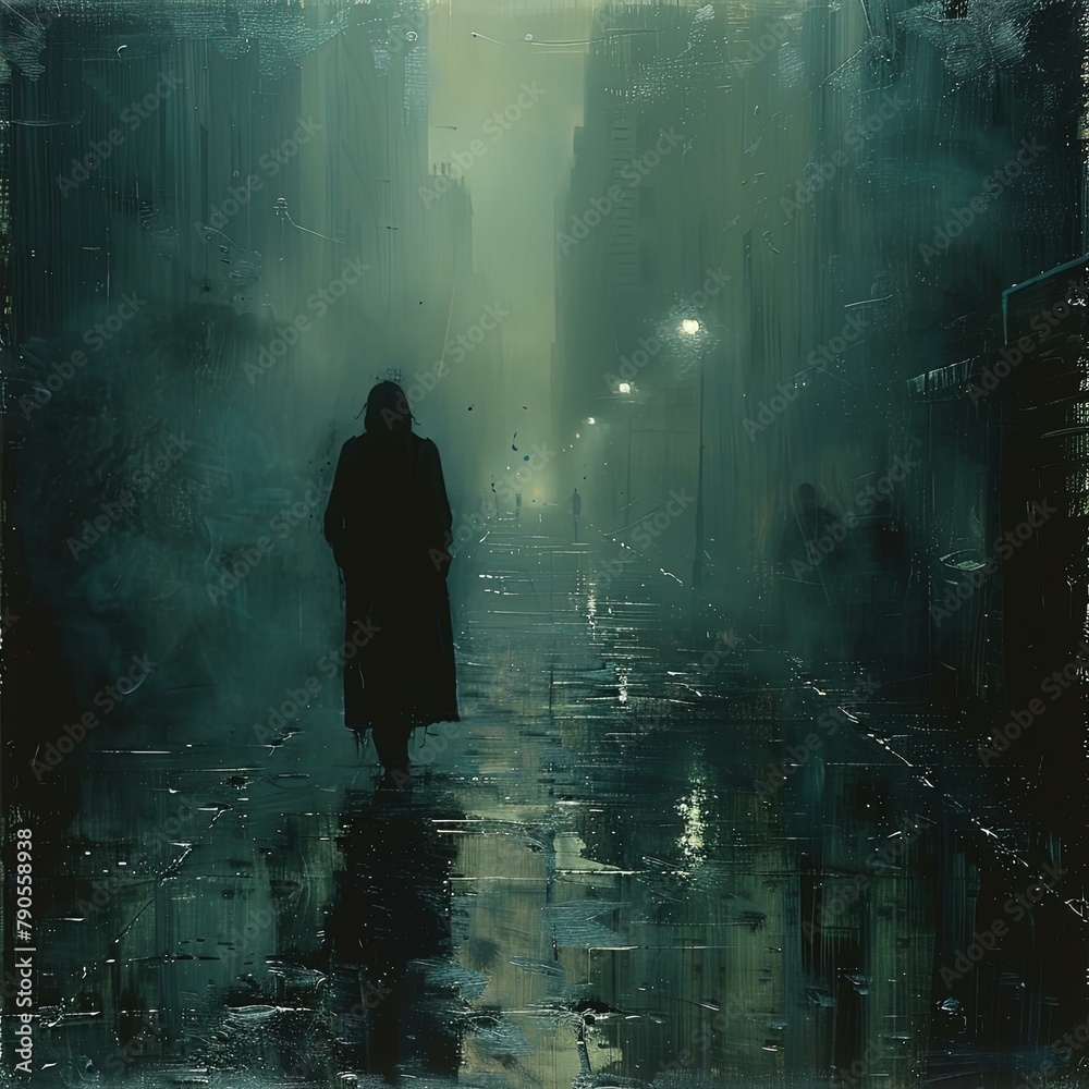 a man walking down a street in the rain