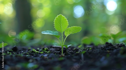 A small green plant is growing in the dirt. The plant is surrounded by green leaves and is the only thing visible in the image