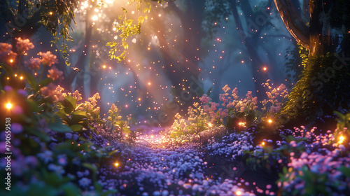 A whimsical fairy woodland at twilight with bioluminescent plants and shimmering pixie dust in the air