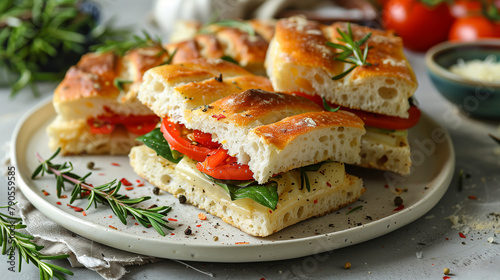 Focaccia sandwiches filled with gourmet Italian ingredients, bright and fresh fillings on a clean, white plate