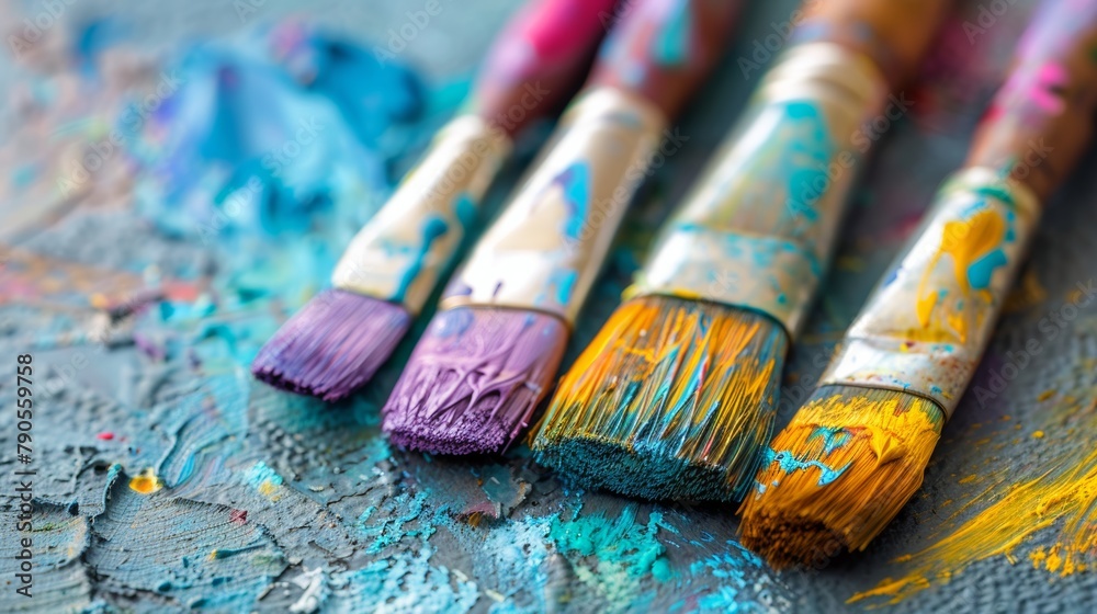 Fototapeta premium A set of paintbrushes with a variety of colors are laid out on a table. The colors include purple, blue, yellow, and green. The brushes are likely used for creating a colorful and vibrant painting