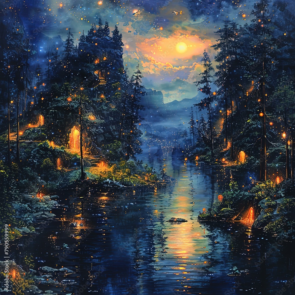 painting of a river with a forest and a full moon