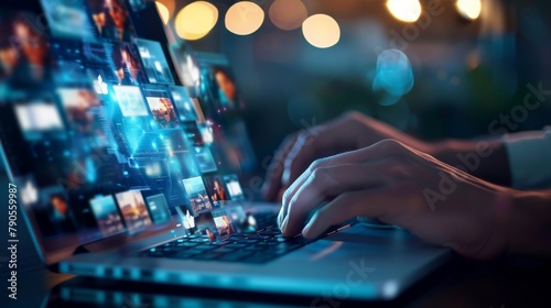 A person is typing on a computer keyboard with a colorful background