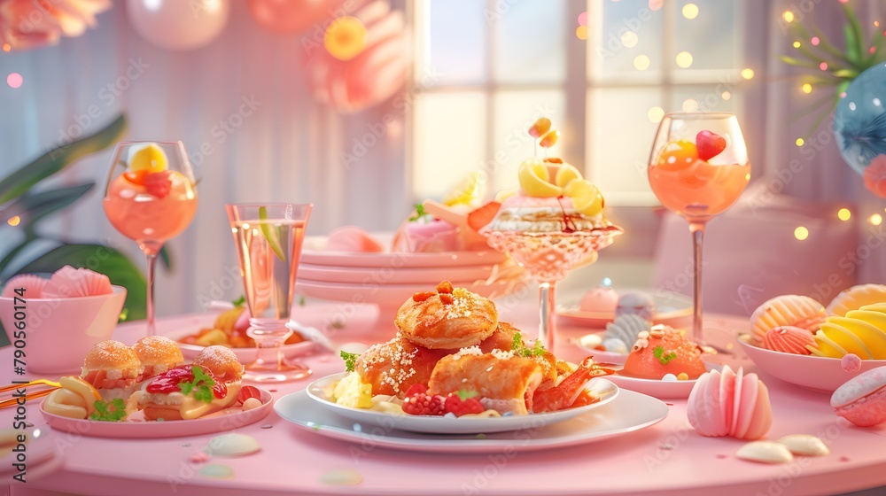 appetizing dishes adorn a soft pastel pink background, rendered in cinematic full ultra HD high resolution for a captivating presentation.