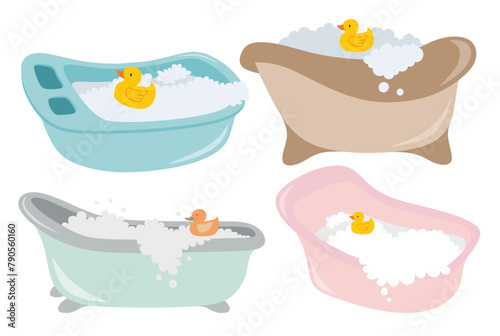 Set of cute baby bathtub with foam bubbles and rubber duck. 