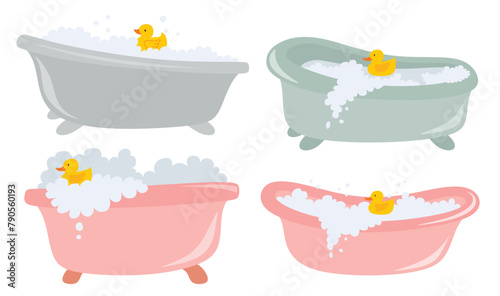 Set of cute baby bathtub with foam bubbles and rubber duck.  © dwi