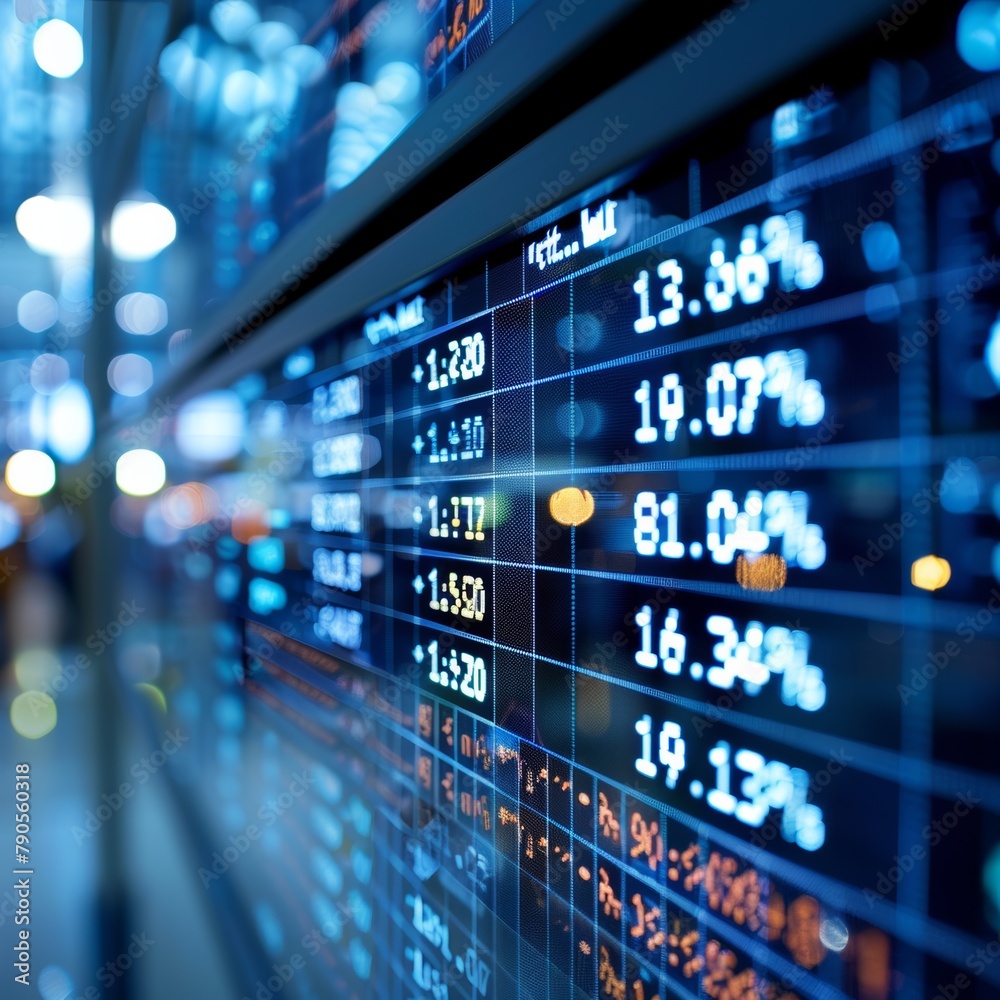A computer screen shows a stock market with many numbers and percentages. Scene is intense and focused, as the viewer is likely to be interested in the stock market and its fluctuations A computer screen shows a stock market with many numbers and percentages. Scene is intense and focused, as the viewer is likely to be interested in the stock market and its fluctuations