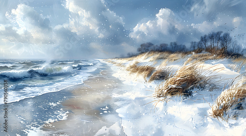Winter Whimsy: AR-Infused Coastal Watercolor Panorama Under Snow's Spell