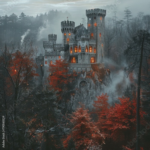 a castle with a tower on a hill in the woods