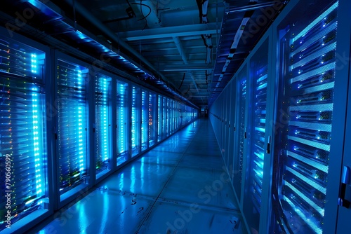   A server room filled with racks of computers  bathed in cool blue light.