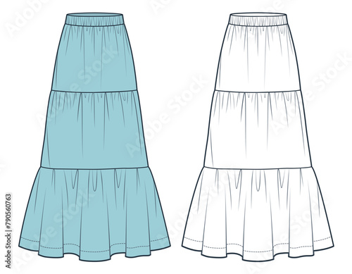 Tiered Maxi Skirt technical fashion illustration. Boho Skirt fashion flat technical drawing template, elastic waistband, front view, white, blue, women CAD mockup set.