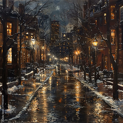 painting of a city street at night with a bench and street lights