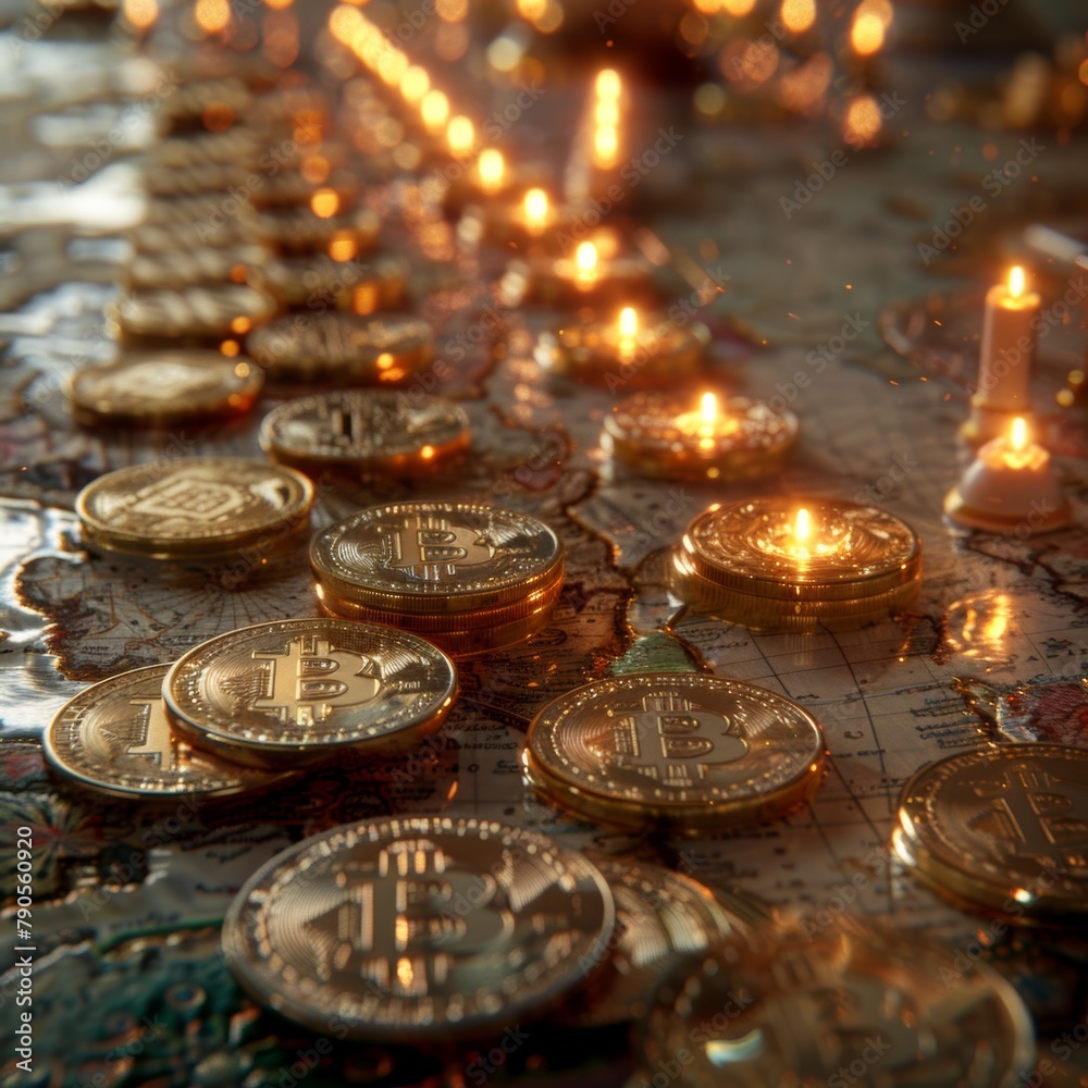 A bunch of gold coins with the letter B on them are on a table. The coins are lit up by candles, creating a warm and inviting atmosphere A bunch of gold coins with the letter B on them are on a table. The coins are lit up by candles, creating a warm and inviting atmosphere