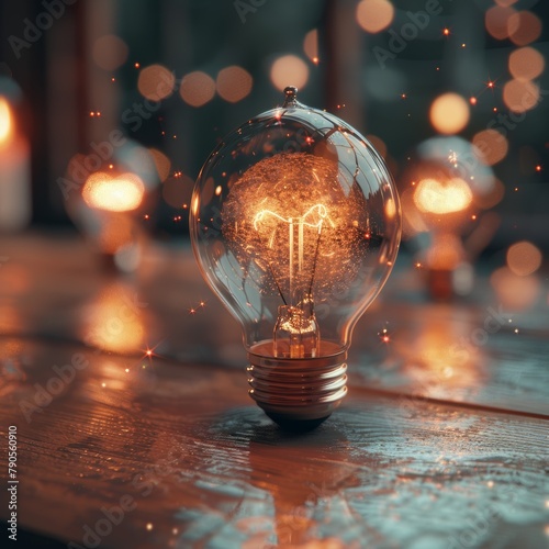 A light bulb is lit up and is sitting on a wooden table. The light bulb is surrounded by a blurry background, giving the image a dreamy and ethereal feel