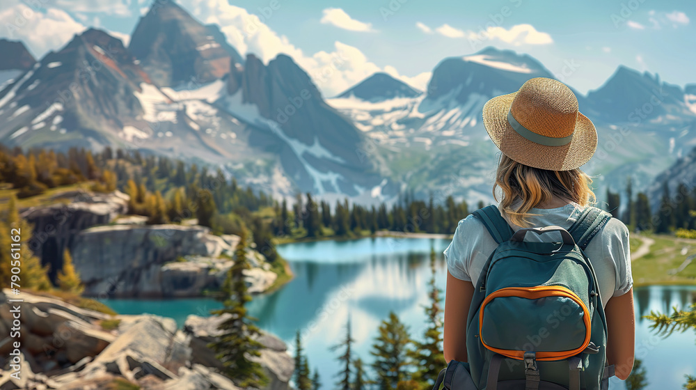 woman with a hat and backpack looking at the mountains and lake from the top of a mountain in the sun light, with a view of the mountains woman with a hat and backpack looking at the mountains and lake from the top of a mountain in the sun light, with a view of the mountains