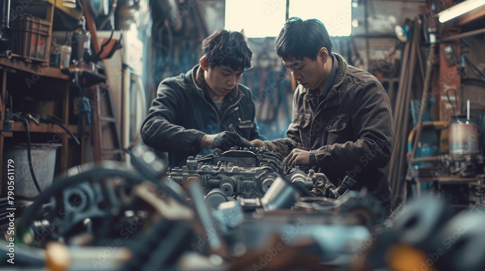 Two men are working on a car engine in a garage - obrazy, fototapety, plakaty 