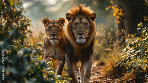 Regal Lions in Sunlit Forest photo