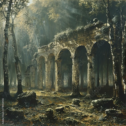 a painting of a forest with a stone structure