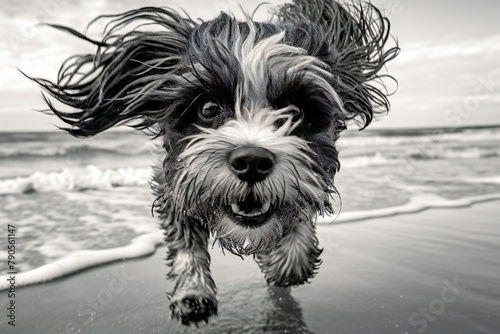 happy dog run on the beach, black and wihite,