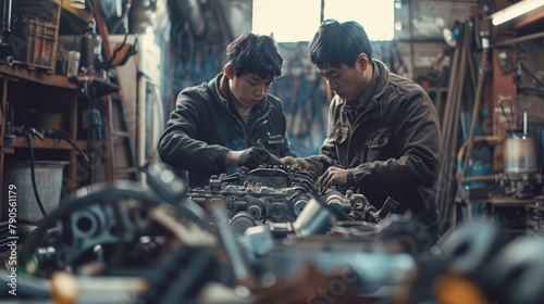 Two men are working on a car engine in a garage