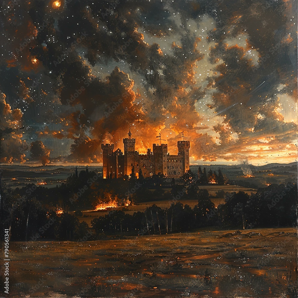 painting of a castle on a hill with a sky full of stars