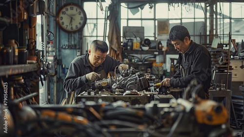 Two men are working on a car engine in a garage photo