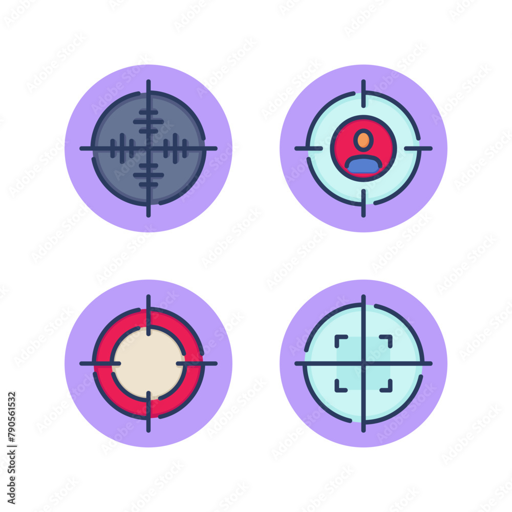 Fototapeta premium Aiming and Focusing line icons set. Firearm bolt sight, person detection, identification, target search. Finding the exact target focus concept. Vector illustration for web design and apps