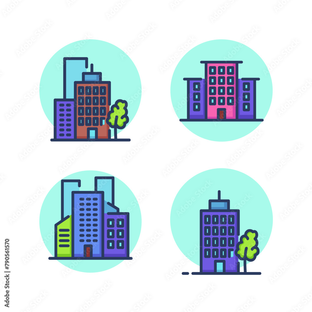 Buildings and houses line icon set. Housing, business center, commercial buildings, skyscraper, high-rise. Real estate concept. Vector illustration for web design and apps