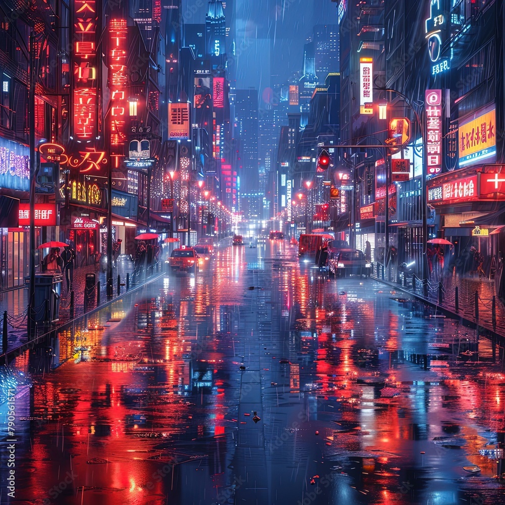 araful city street with neon signs and traffic lights at night