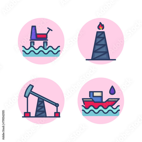 Oil production line icon set. Sea oil plant, pump for extraction, factory, petroleum. Fuel extraction processing concept. Vector illustration for web design app