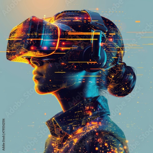 A woman is wearing a virtual reality headset and is surrounded by a bright  colorful  and abstract background. Concept of excitement and adventure