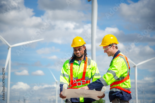 Technicians at construction site of wind turbine checking and maintanance Electricity wind generator