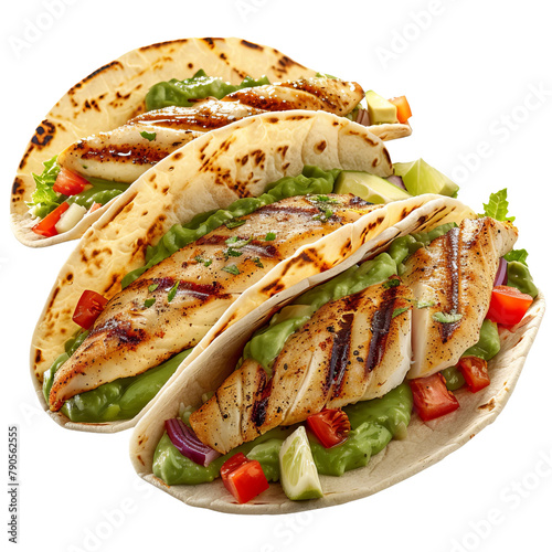 Tasty And Cripsy Grilled Tilapia Tacos Isolated On White Background photo