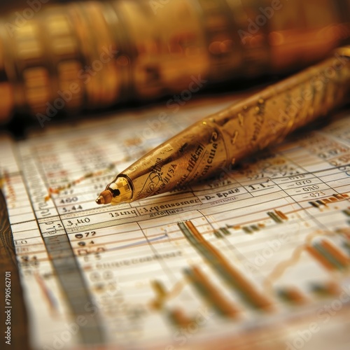 A pen is laying on top of a sheet of paper with numbers and graphs. The pen is gold and has a black tip