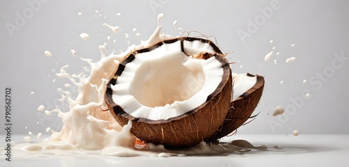 Cracked coconut shells in a milk splash. Coconut background, wallpaper design for social media. photo
