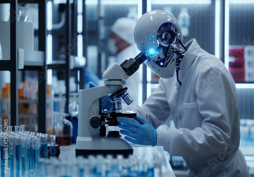 A humanoid robot is working in the laboratory, wearing blue gloves and a white lab coat while looking through a microscope with a human scientist behind him. In front of them there are many test tubes