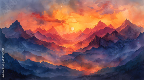 Mountain Majesty: Panoramic Watercolor Sunrise with Encaustic Wax Peaks