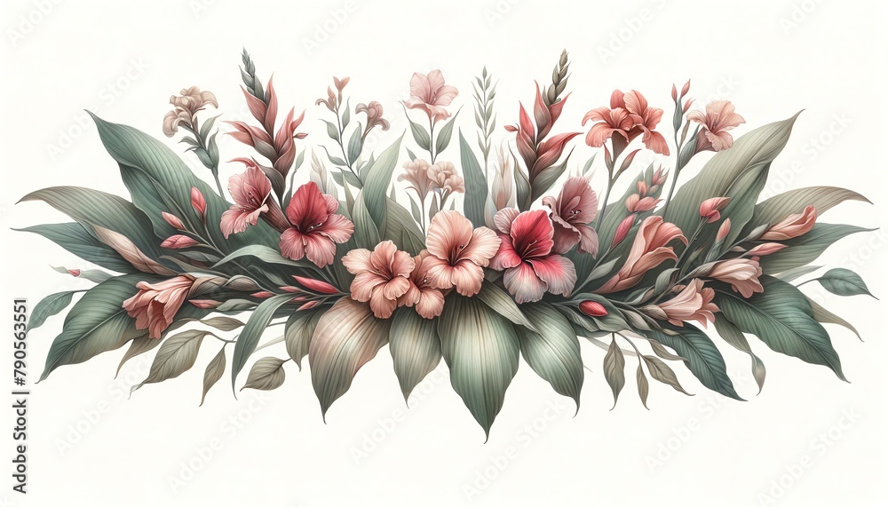 Fototapeta premium Watercolor illustration of a Canna Floral Border