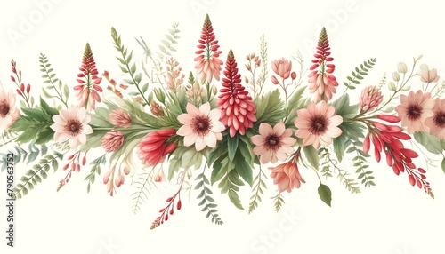 Watercolor illustration of a Kniphofia Floral Border
