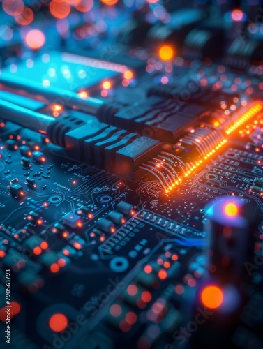 A close up of a computer circuit board with lights on it. Generative AI.